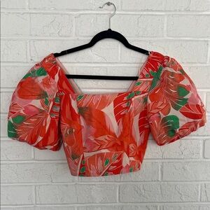 Giani Bernini Orange and Green Floral Puff Sleeve Blouse Size Small